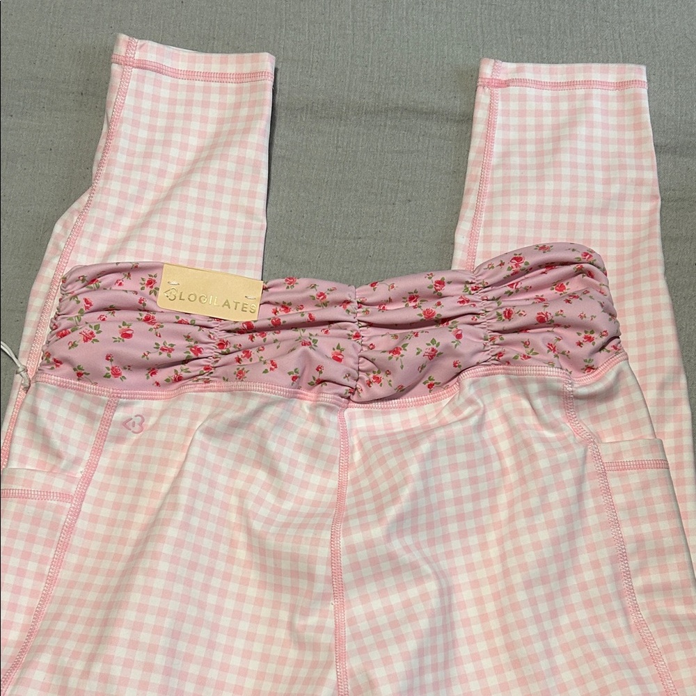 Blogilates Pink Gingham Leggings with Floral Ruched Waistband - Picture 6 of 9